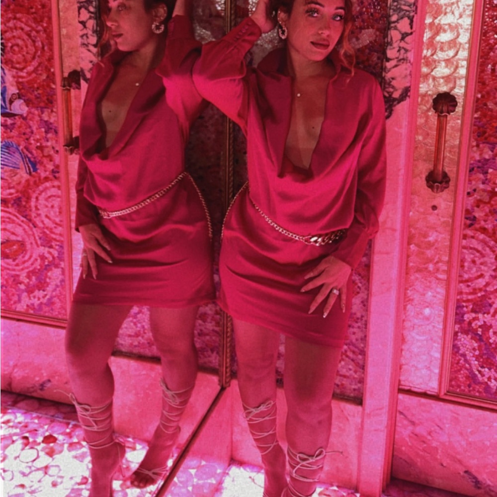 GORGEOUS vibrant midi cowl open neck fuchsia Dress